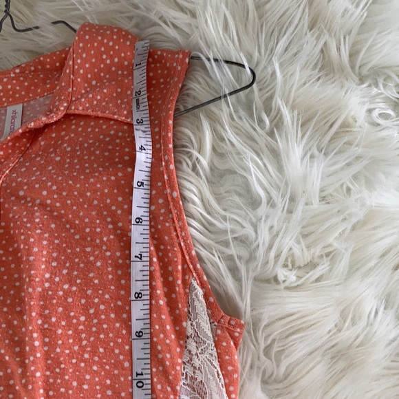 Exhilaration orange peach sheer Floral lacy button front Highlow shirt blouse - Picture 15 of 17